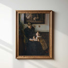 Vintage mother and child reading print in rustic wooden frame featuring antique farmhouse interior scene