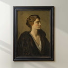 Framed portrait painting of a woman on a white wall