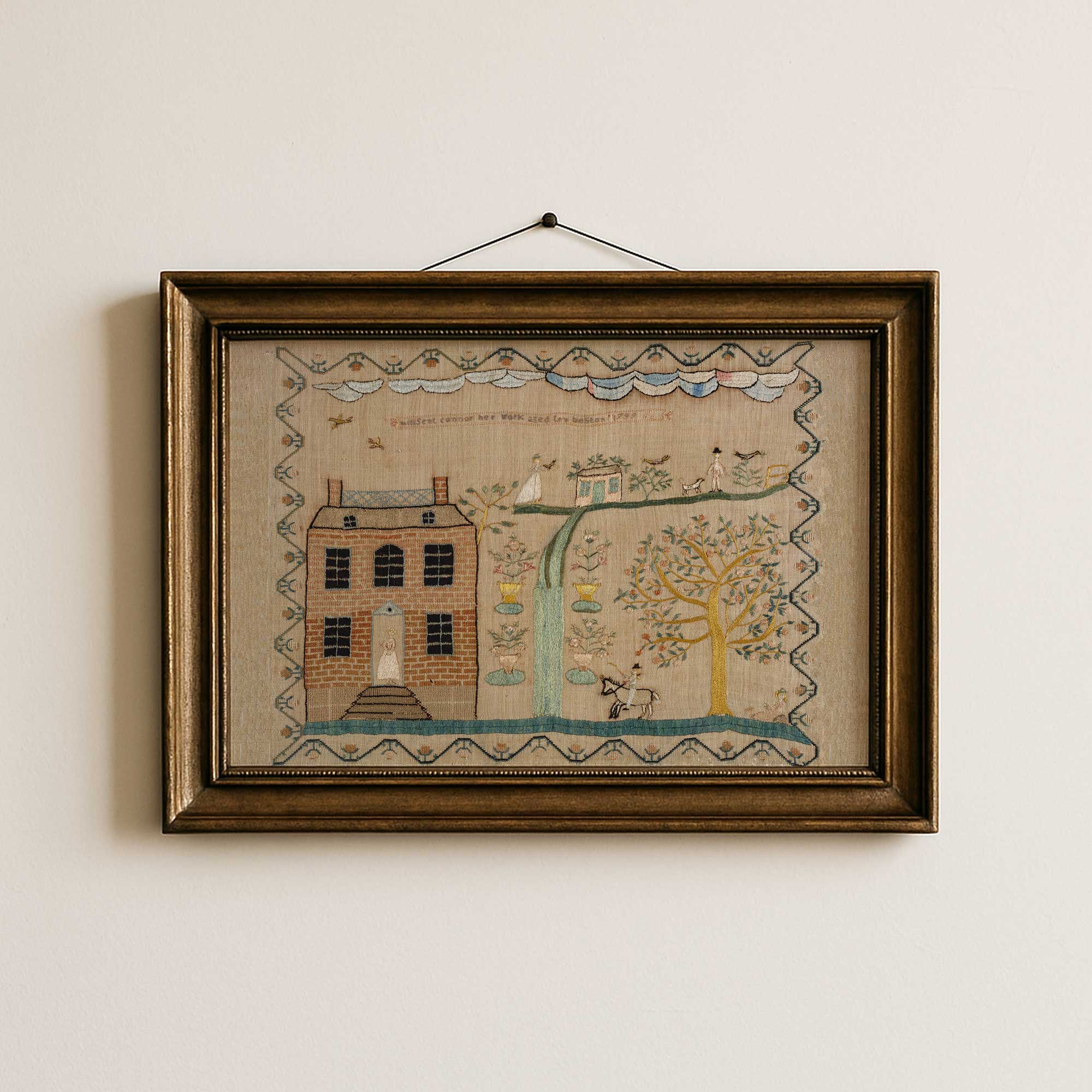 Whimsical folk art house print vintage nursery wall art in gold frame