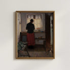 Antique country farmhouse scene print depicting a maid working in a rustic kitchen near an open doorway