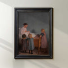 Antique family scene wall art featuring a mother cradling her newborn while children gather nearby
