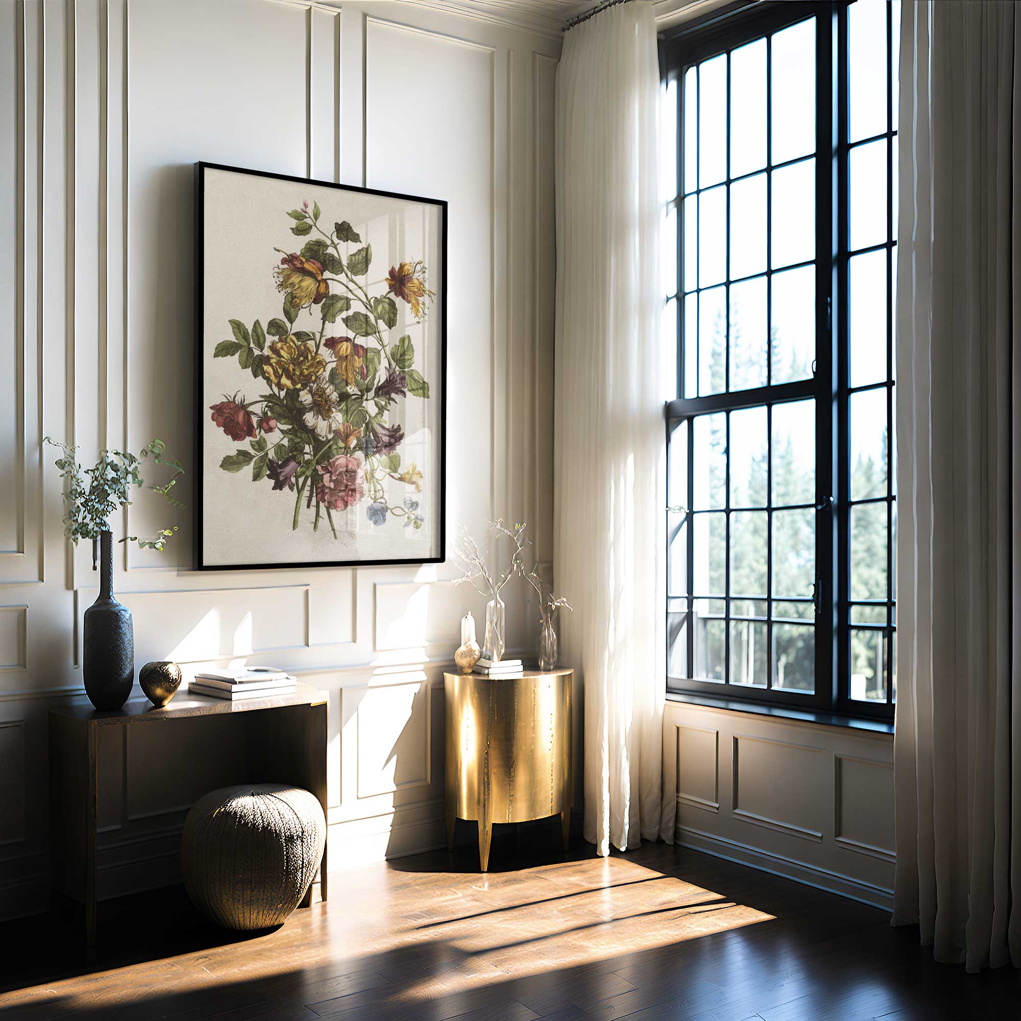 Modern interior with a desk, floral artwork, and large window.