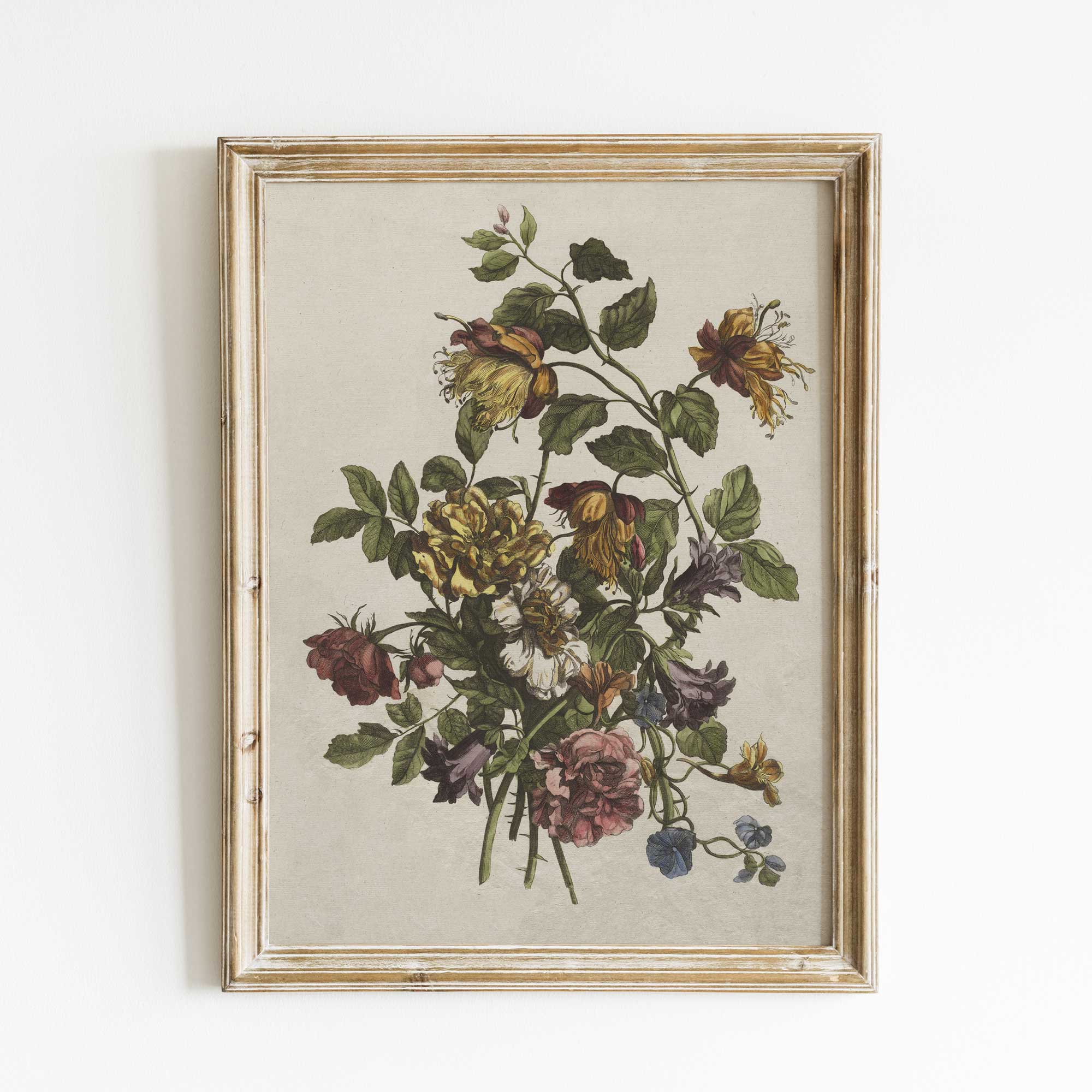  botanical wall art print featuring a tangle of autumn-toned wildflowers and foliage in rustic wooden frame.