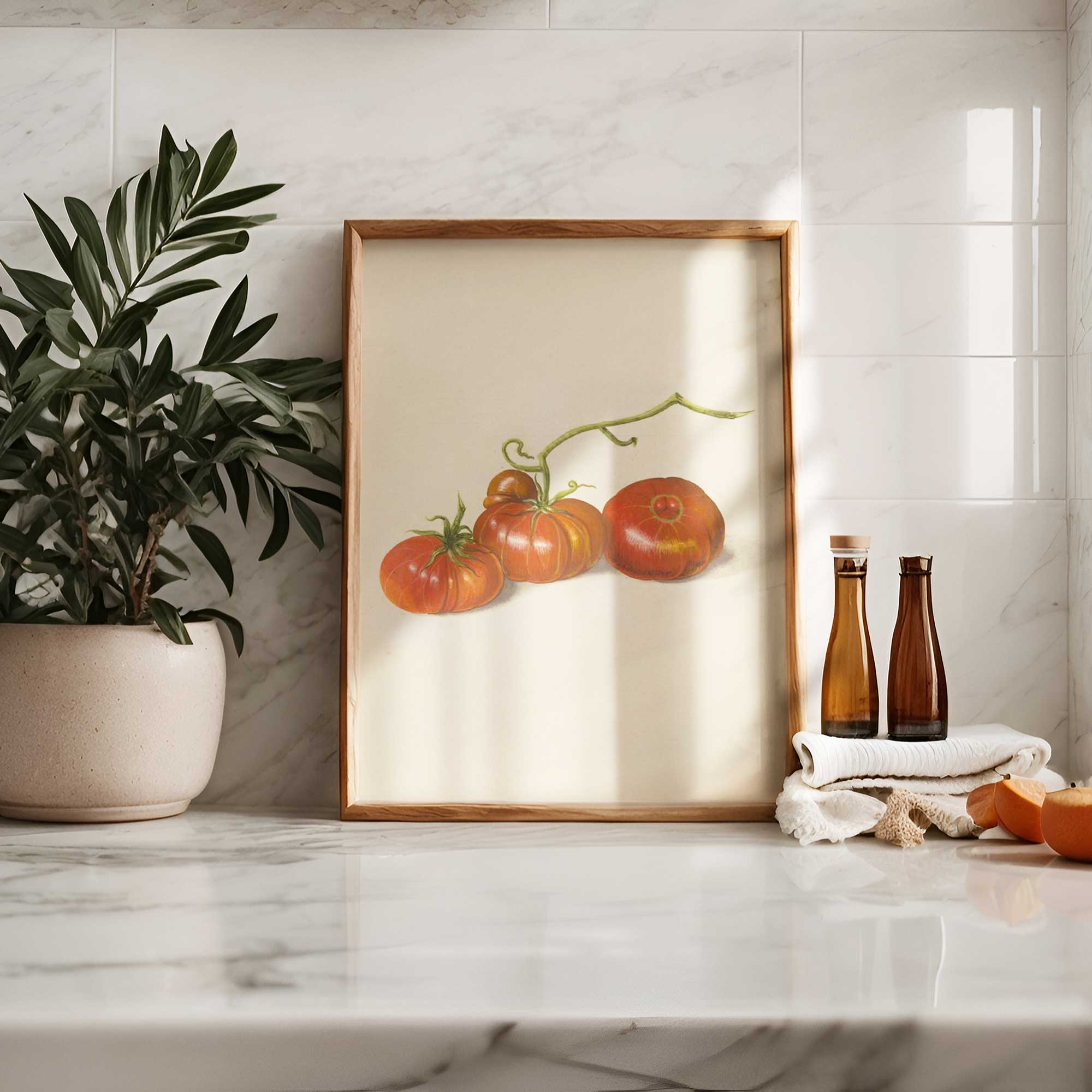 Vintage heirloom tomato botanical illustration print with three ripe tomatoes and curling vines on cream background