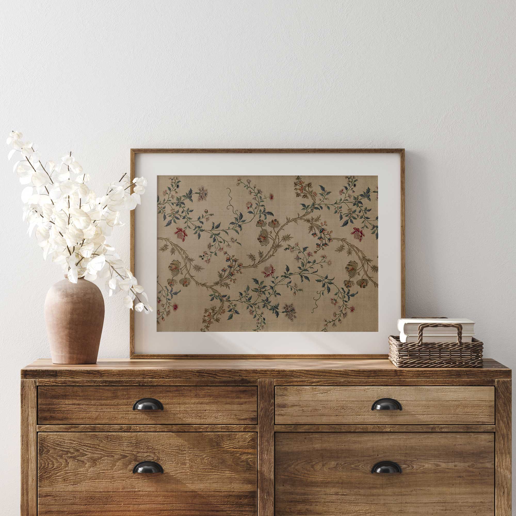 Vintage Floral Chinoiserie Print | Antique Botanical Textile Art