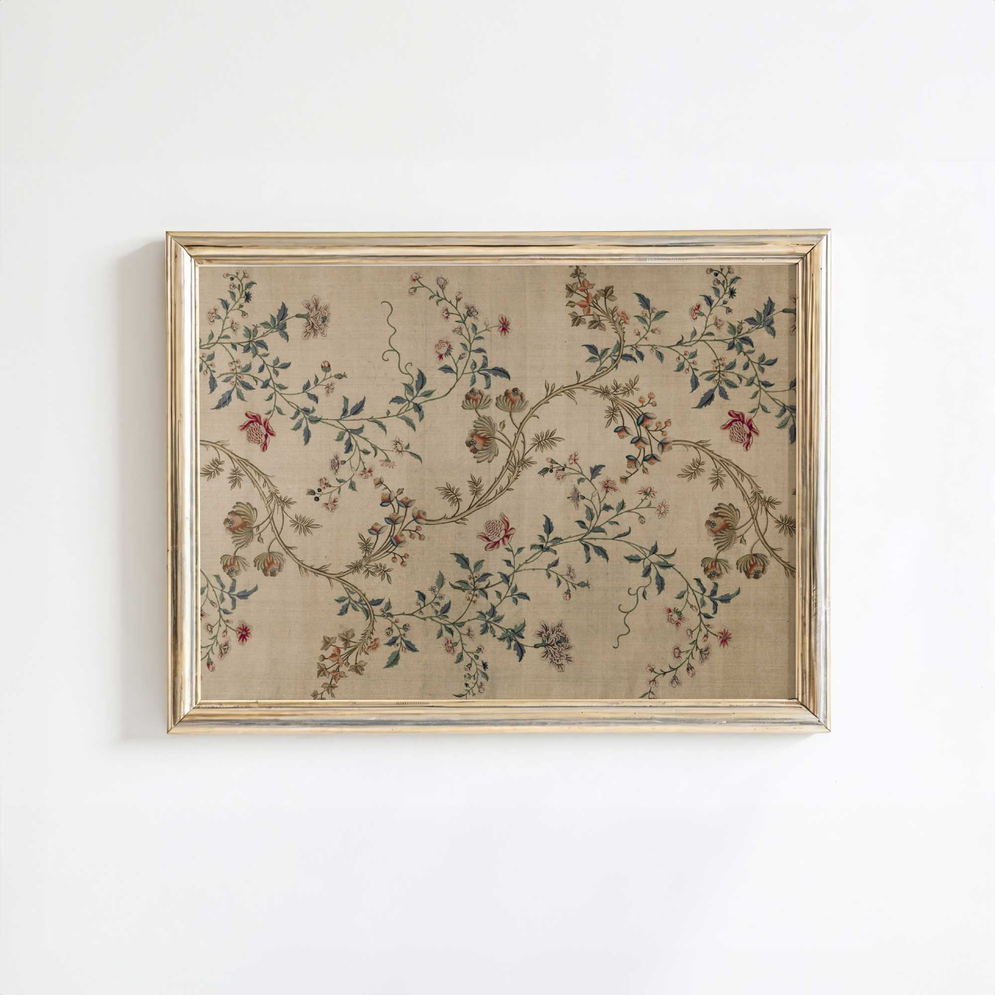 Vintage Floral Chinoiserie Print | Antique Botanical Textile Art