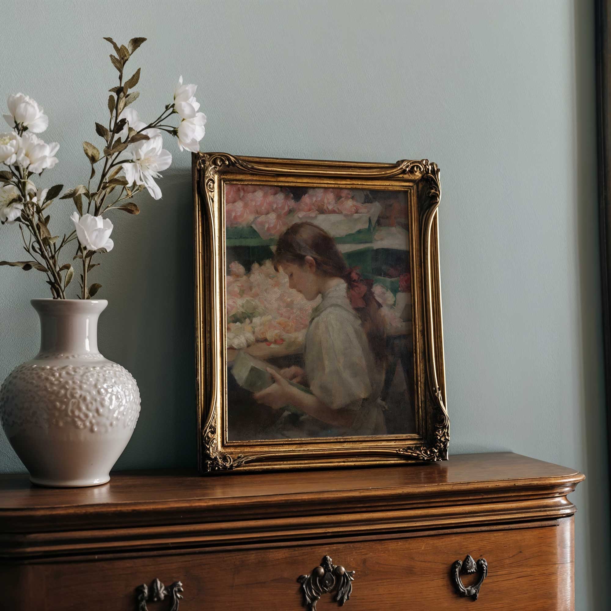 Soft floral portrait print of victorian girl making flowers