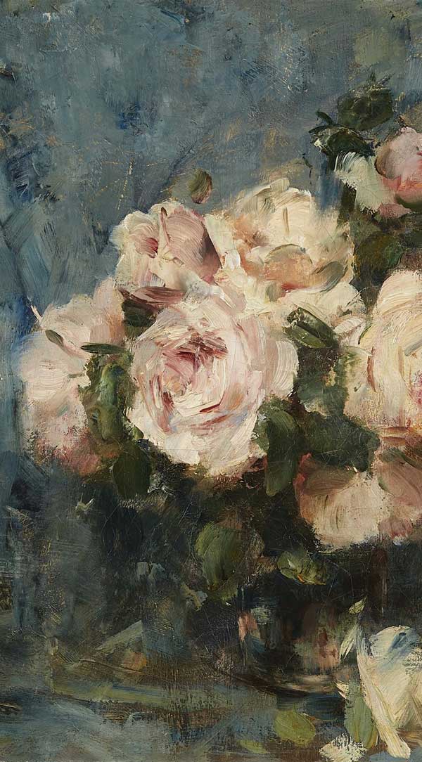 Close-up of pink and white roses against a blue background, representing botanical and floral prints