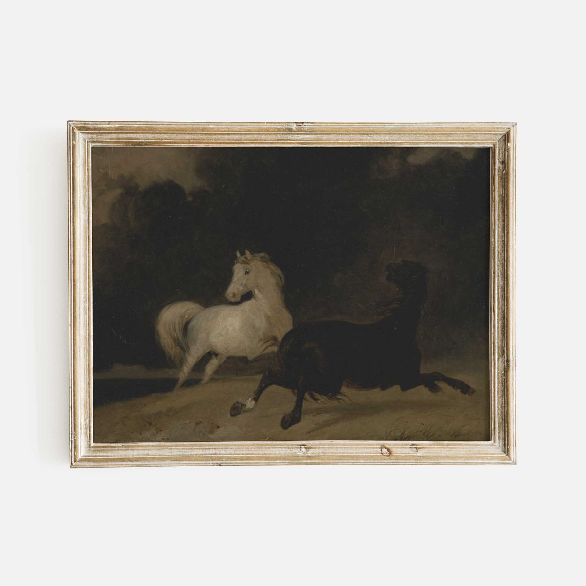 two dramatic horses in a dark, moody oil painting style in  wooden rustic frame