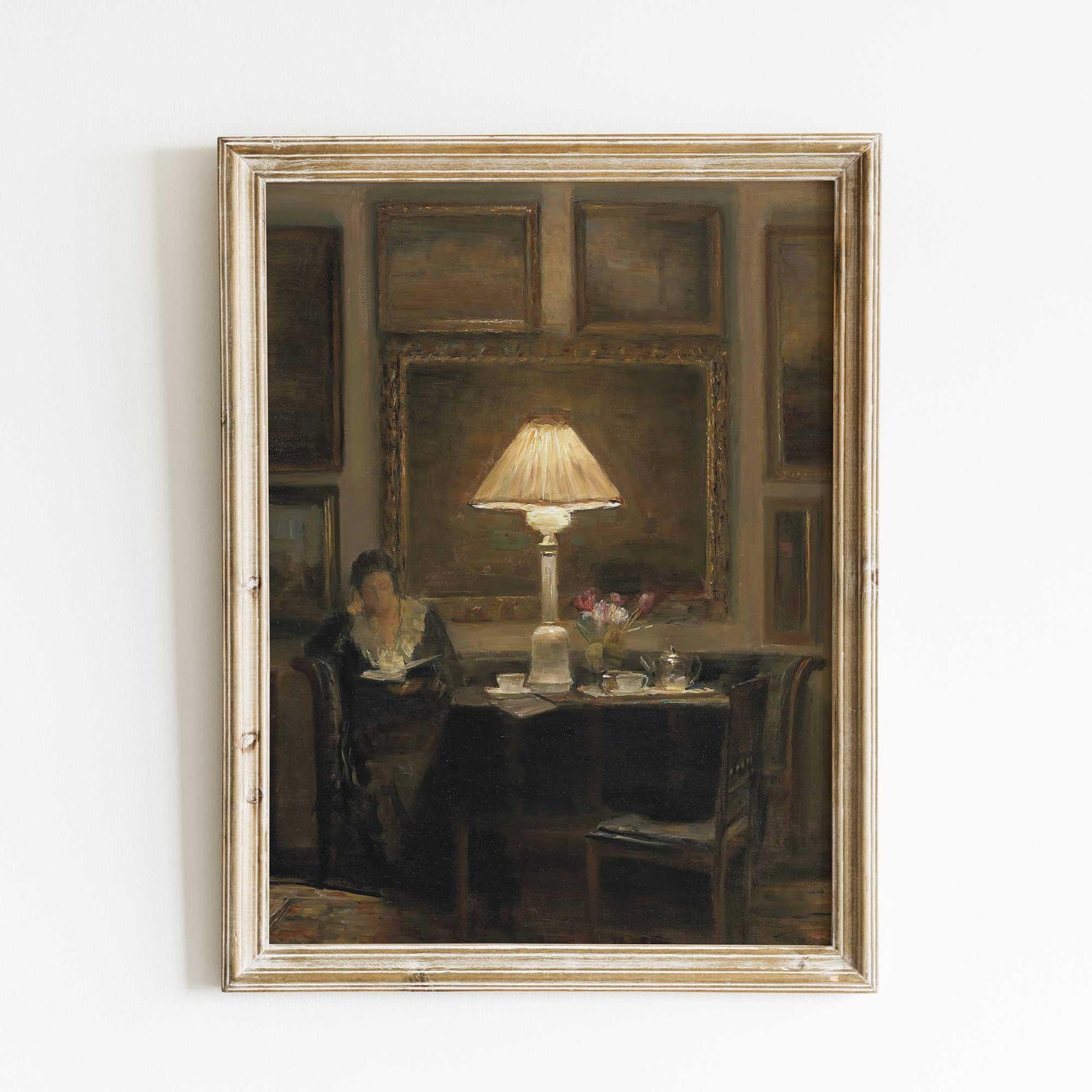 Lady reading by lamplight, antique-style interior art print