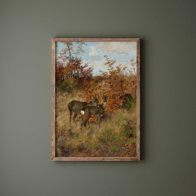 Roe deer woodland scene, surrounded by autumn leaves, Fine Art Print