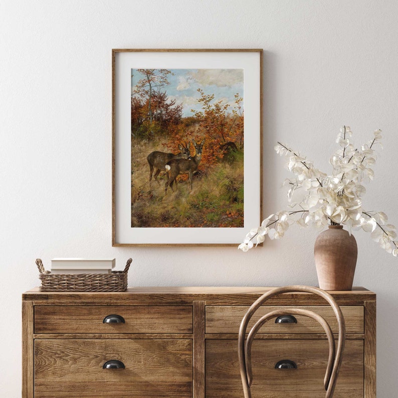 Roe deer woodland scene, surrounded by autumn leaves, Fine Art Print