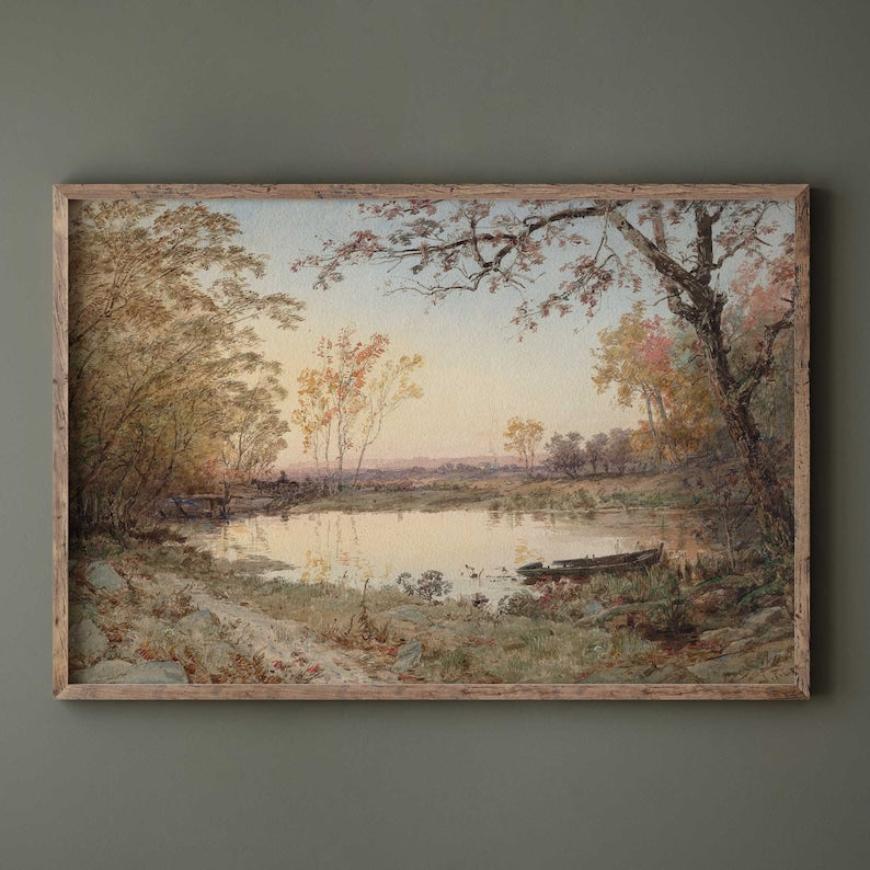 Golden autumn landscape by the river, wall art print.