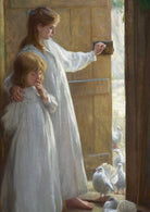 The Sisters, farmhouse scene with children and doves, art print.