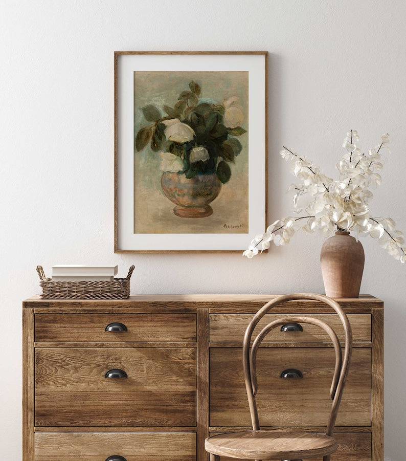 Vintage still life of antique roses in a vase, professionally printed by Hartsholme Prints.