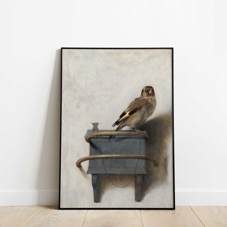 Goldfinch bird art print by Carel Fabritius, 17th-century vintage wildlife artwork