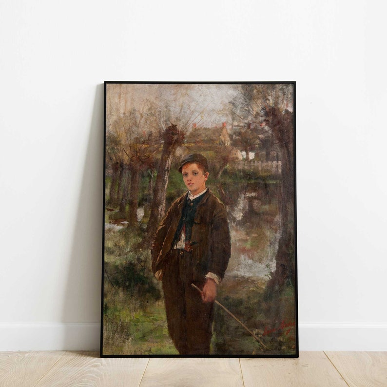 Young boy in rustic countryside scene, classic portrait print