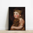 Young child holding pet rabbit, timeless giclée print