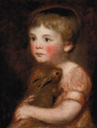 Young child holding pet rabbit, timeless giclée print