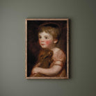 Young child holding pet rabbit, timeless giclée print