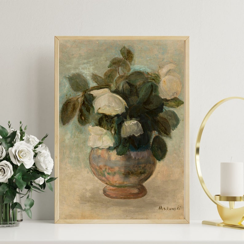 Vintage still life of antique roses in a vase, professionally printed by Hartsholme Prints.