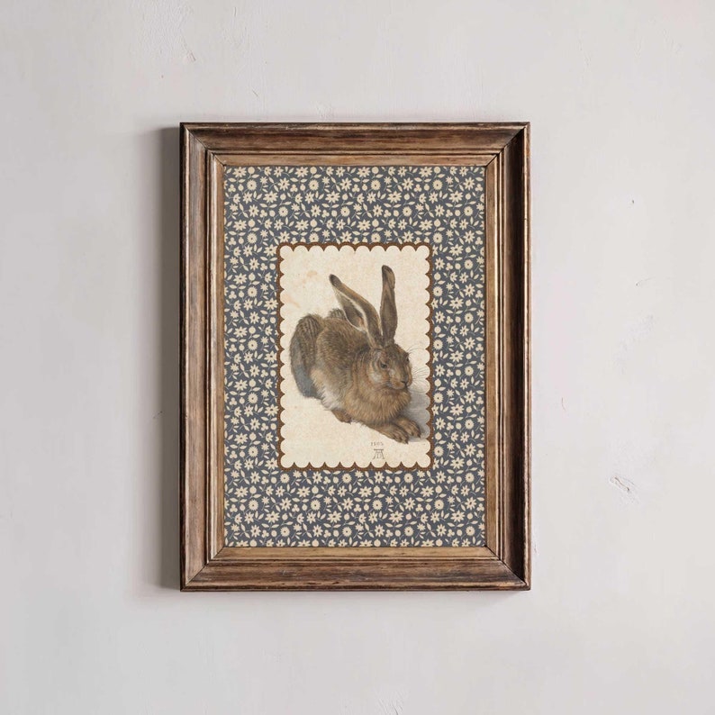 Hare illustration art print with scalloped border in farmhouse floral frame.