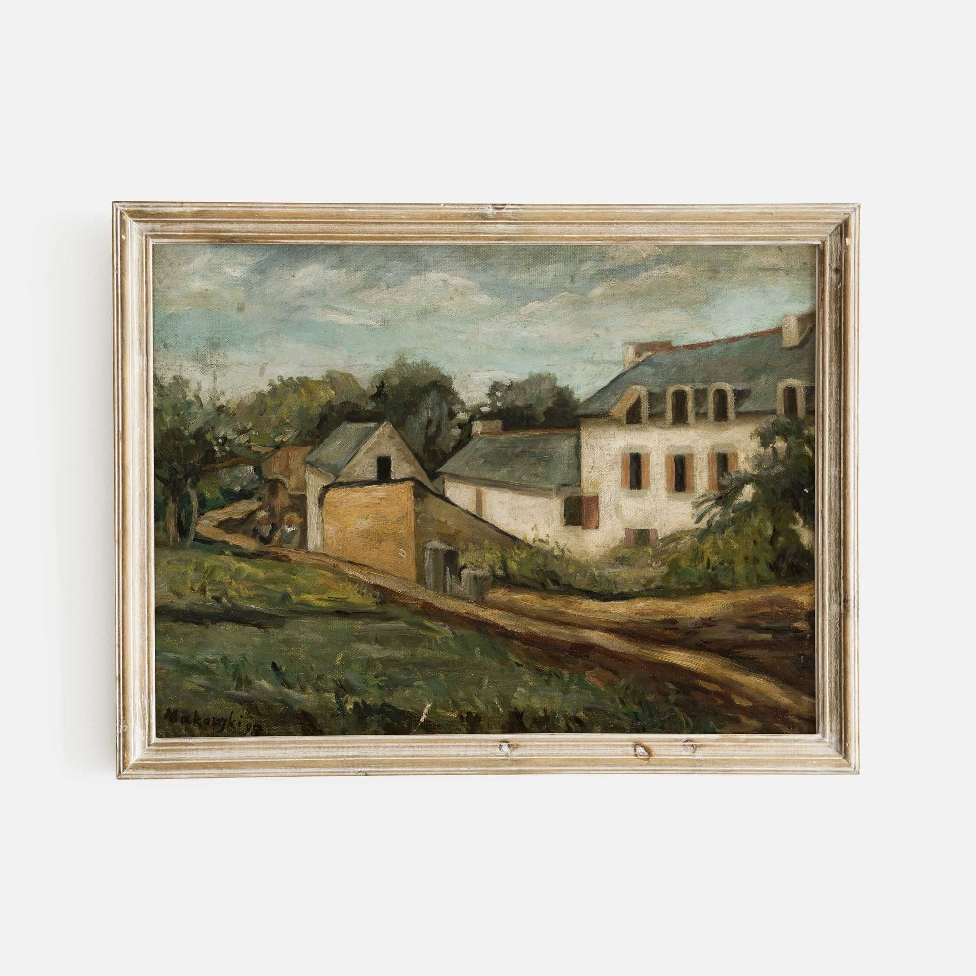 Vintage French Countryside Landscape Print, serene rural scene with houses and greenery.