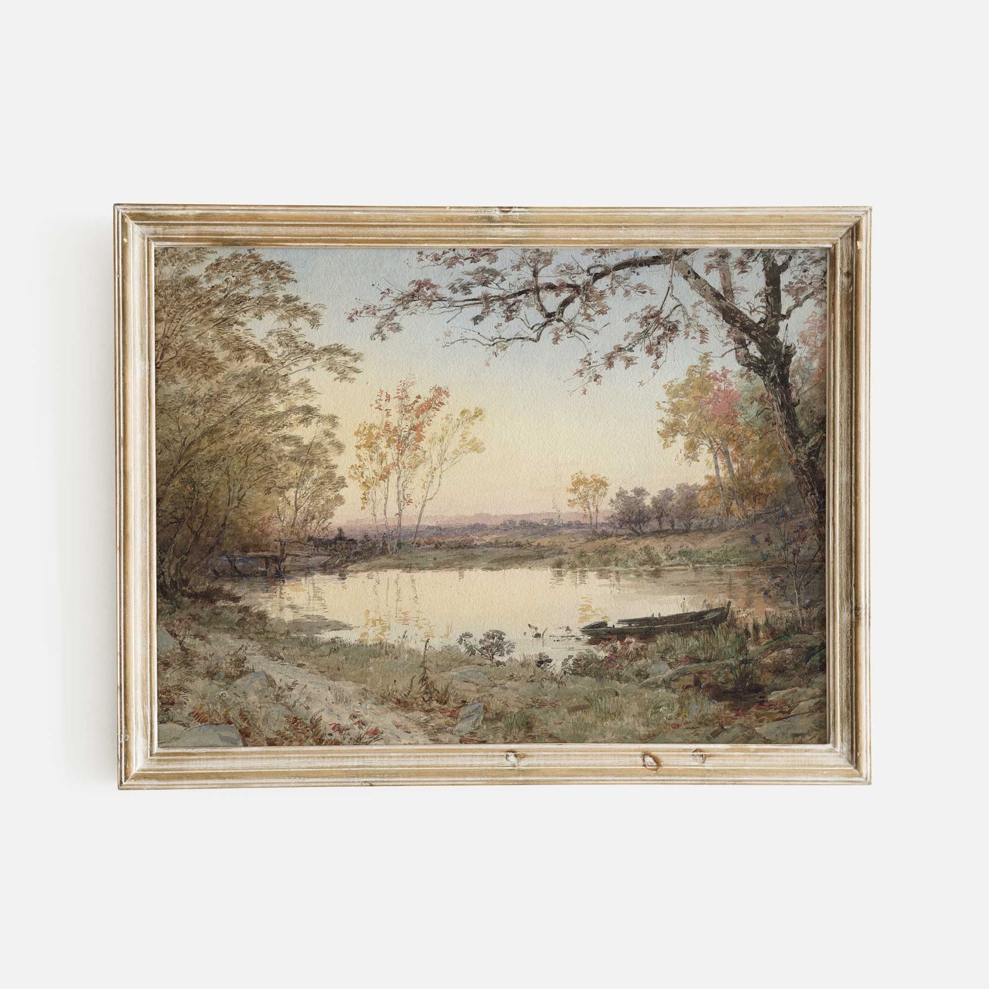 Golden autumn landscape by the river, wall art print.