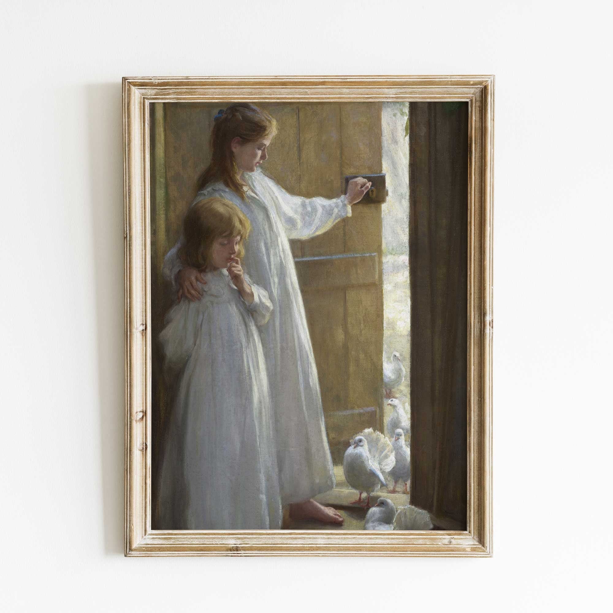 The Sisters, farmhouse scene with children and doves, art print.