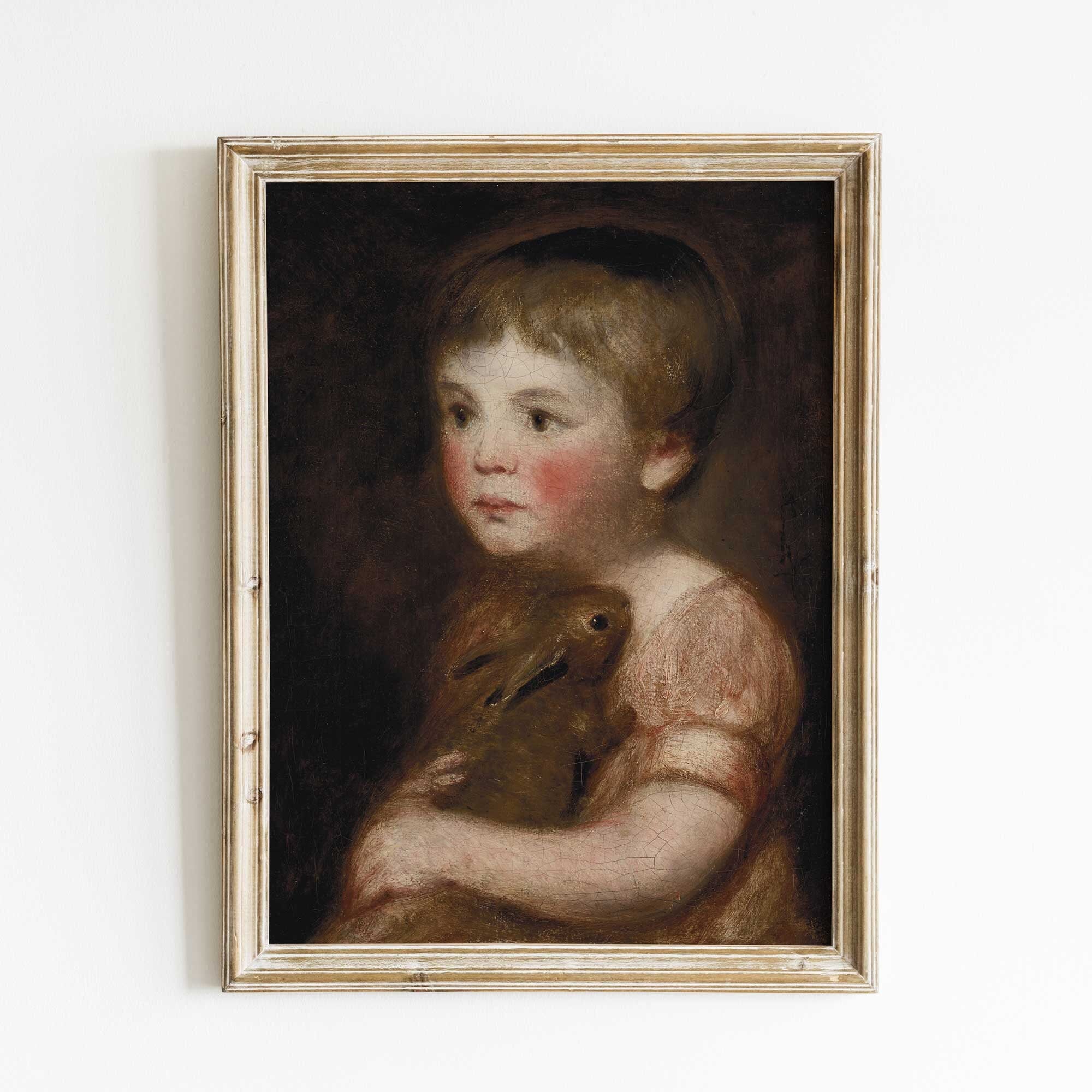 Young child holding pet rabbit, timeless giclée print