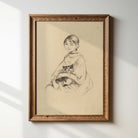 Classic sketch of girl holding cat, fine art print