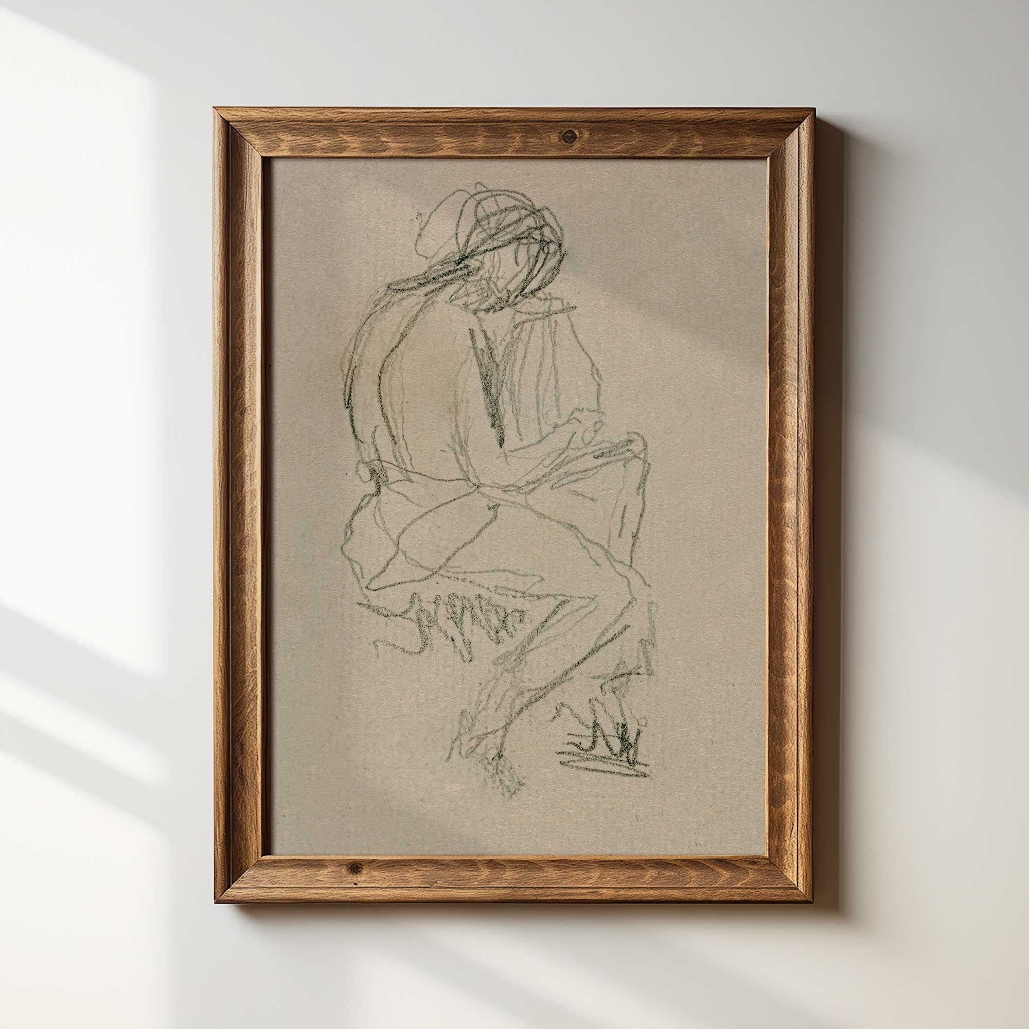 Vintage-style figure drawing of seated woman, minimalist abstract wall art.