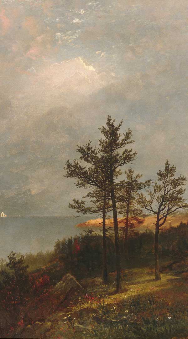 Landscape painting of a tree by a coastal view with a cloudy sky, representing landscape prints.