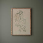 Vintage-style figure drawing of seated woman, minimalist abstract wall art.