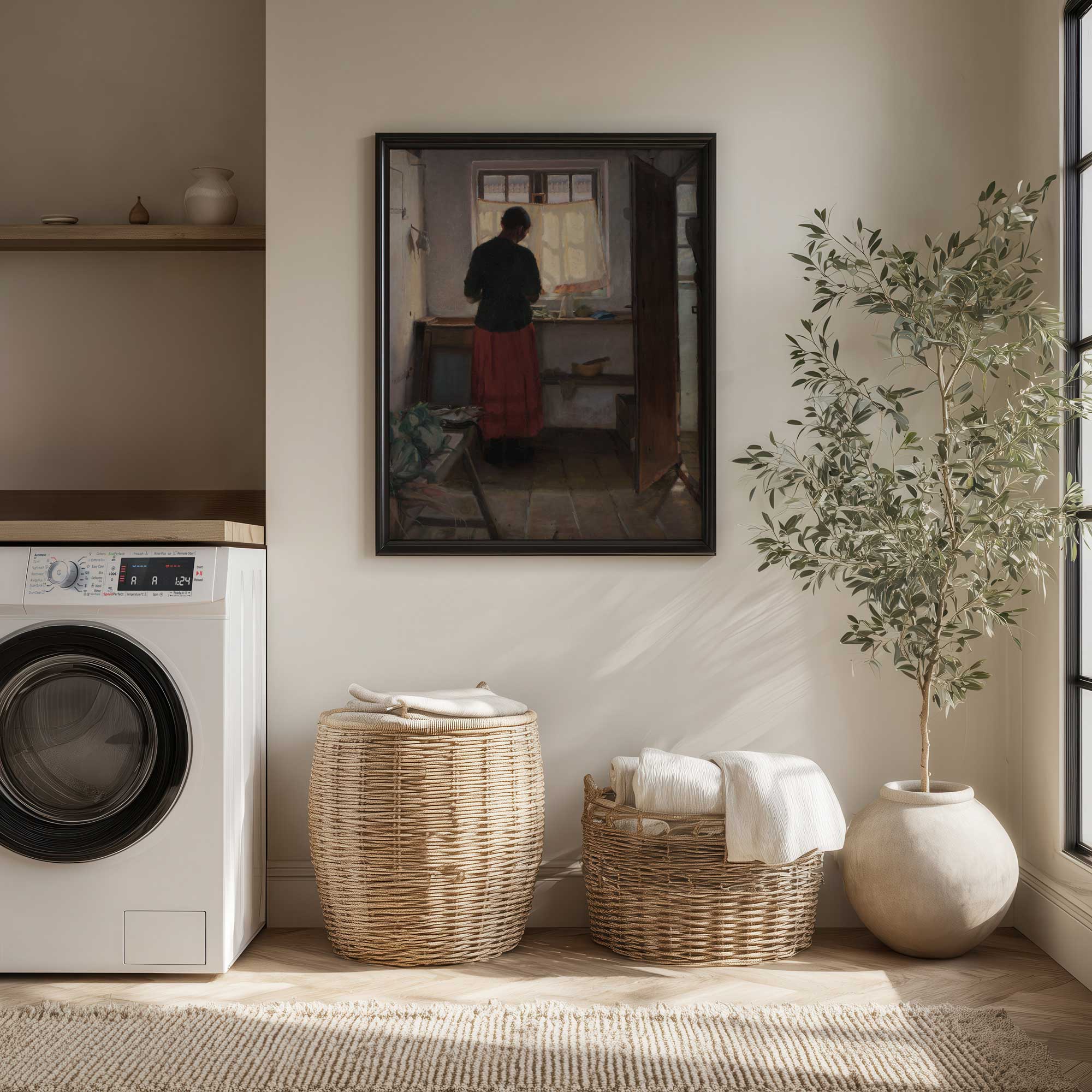 Maid in the kitchen print displayed as antique country farmhouse wall art in a rustic laundry room