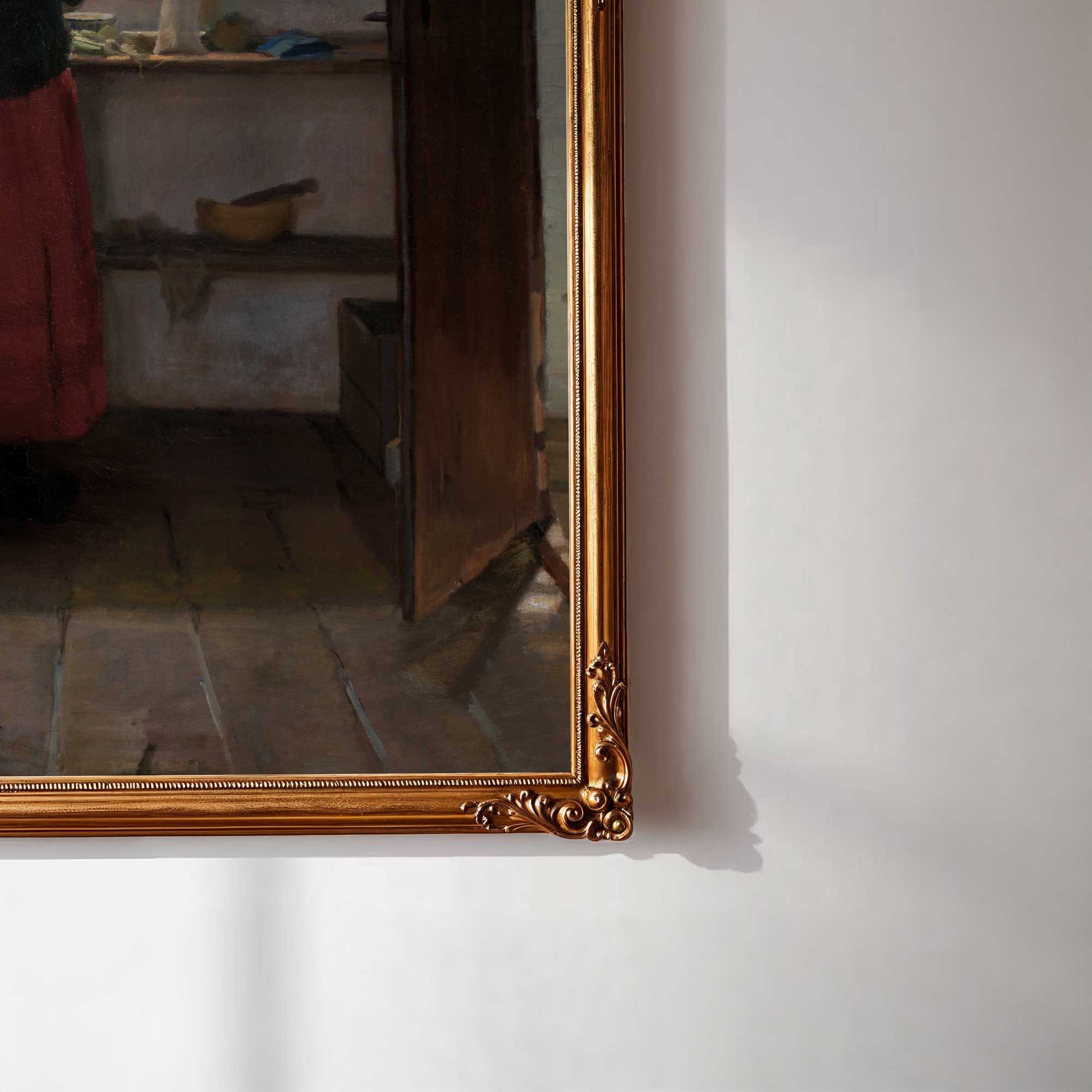 Close-up detail of antique farmhouse wall art featuring a vintage kitchen interior scene
