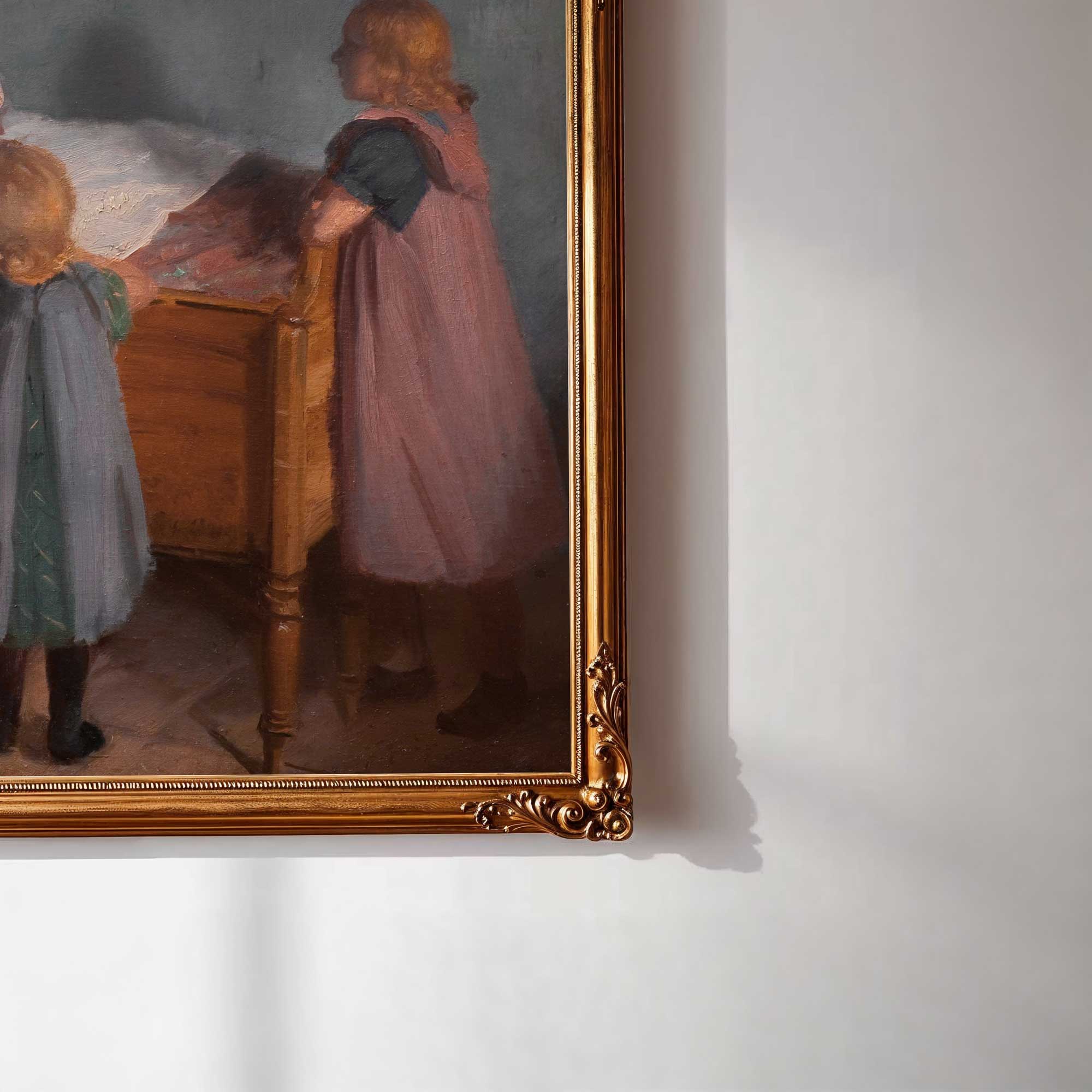 Close-up detail of antique family wall art featuring a child standing beside a cradle in a vintage nursery scene