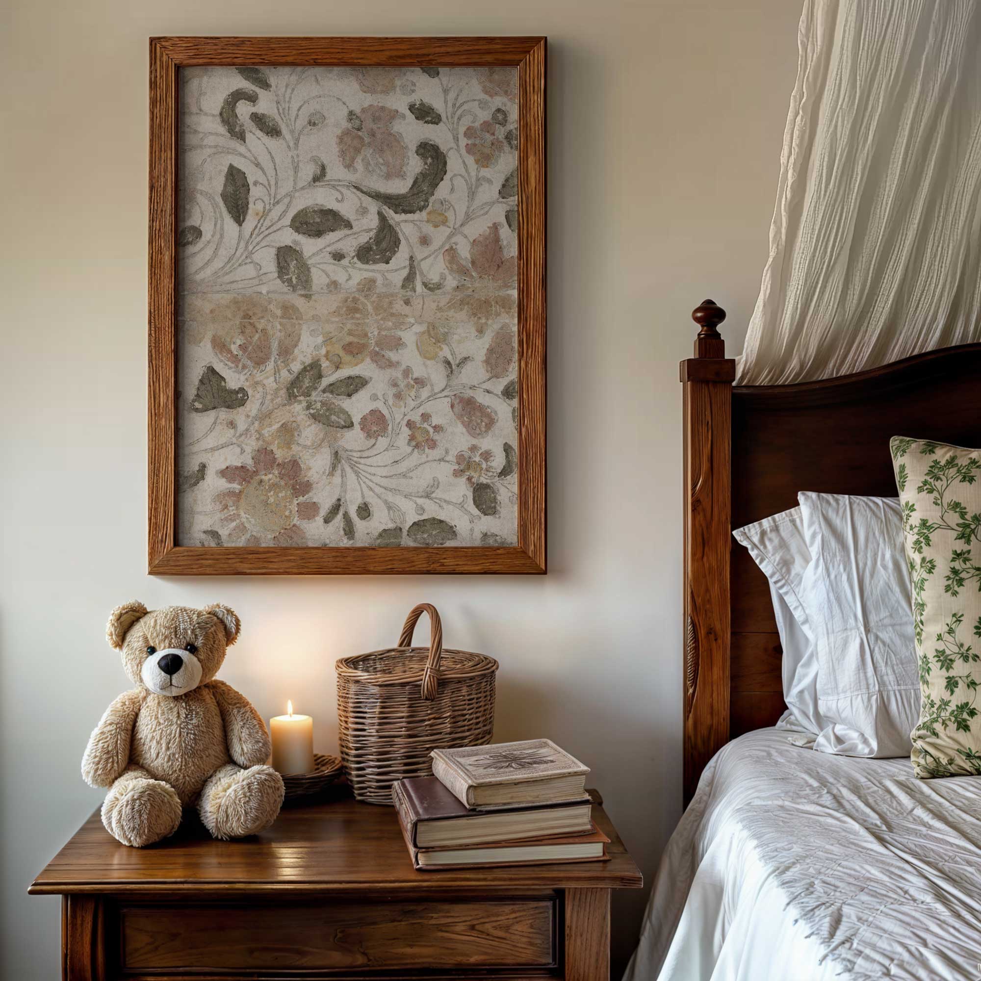 Bedroom with a teddy bear, books, and a basket on a nightstand next to a bed with a floral Vintage Floral Textile print over headboard.