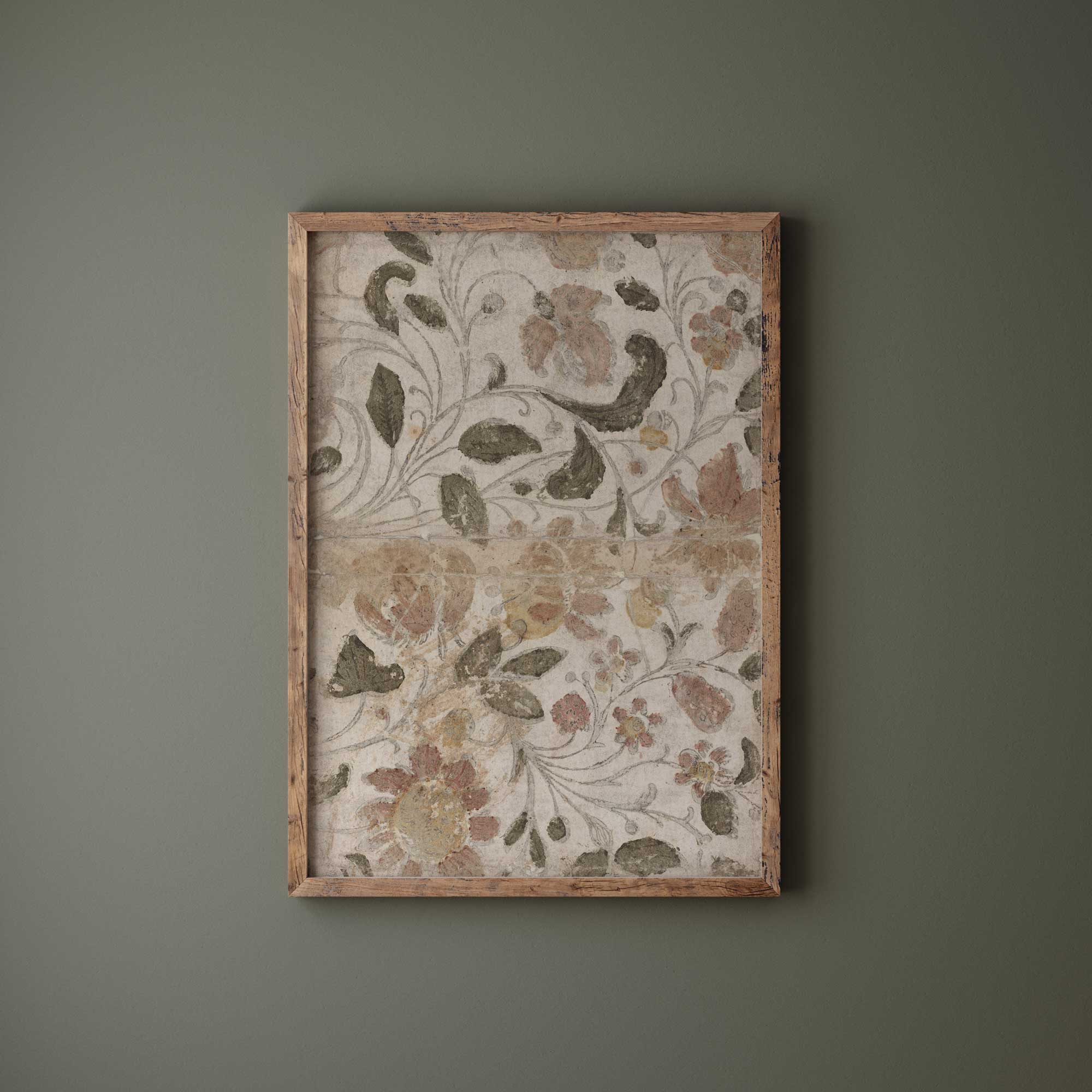 Vintage Floral Textile Design print on a green wall 