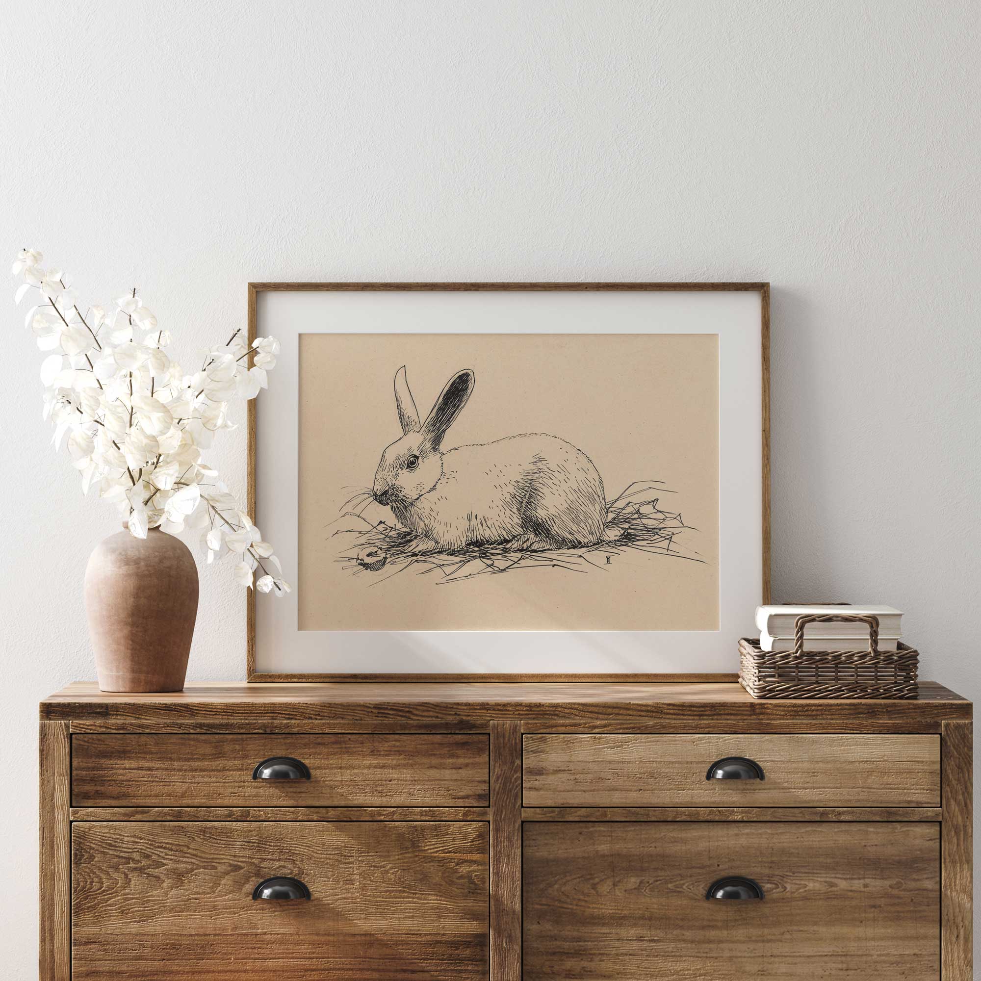 intage rabbit illustration print detail, antique hare sketch showing fine line work and shading
