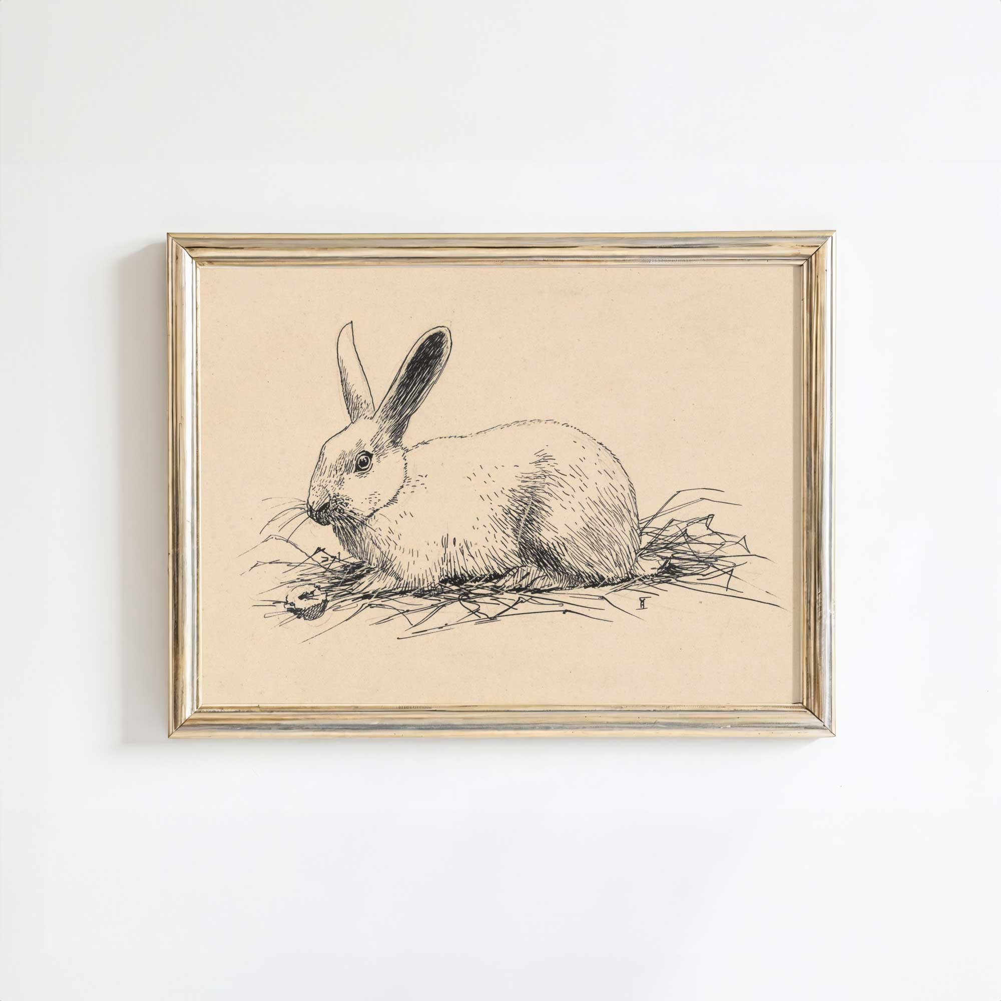 Vintage pen and ink rabbit sketch, antique hare drawing with detailed cross-hatching on cream paper.