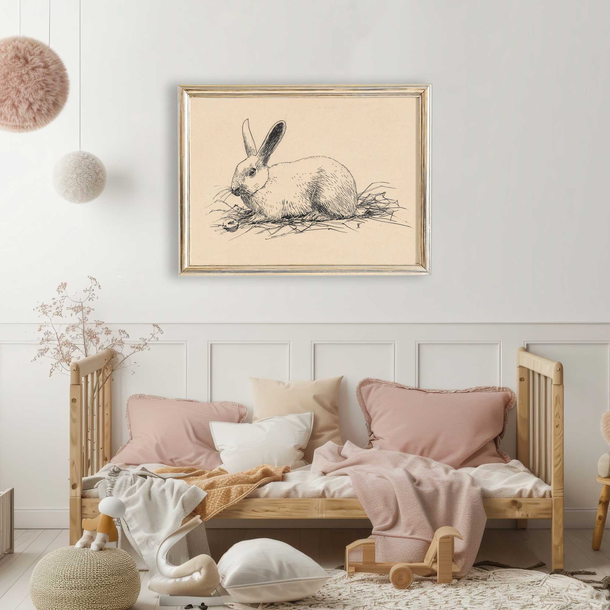 Antique rabbit pen and ink drawing, vintage hare sketch for nursery or nature wall art