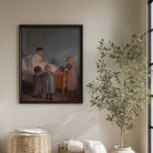 Rustic country wall art showing a vintage mother and newborn scene displayed above woven baskets in a farmhouse interior