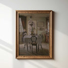 Rustic farmhouse wall art showing a vintage dining room with woman near the window