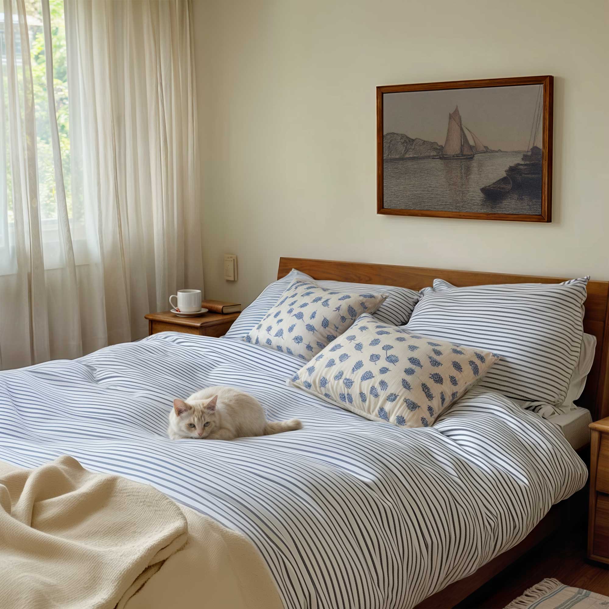 Cat lying on a bed with striped bedding and decorative pillows, with a sailboat  painting on the wall.
