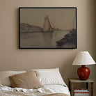 Framed artwork of sailboats on a wall above a bed with a lamp on a nightstand.