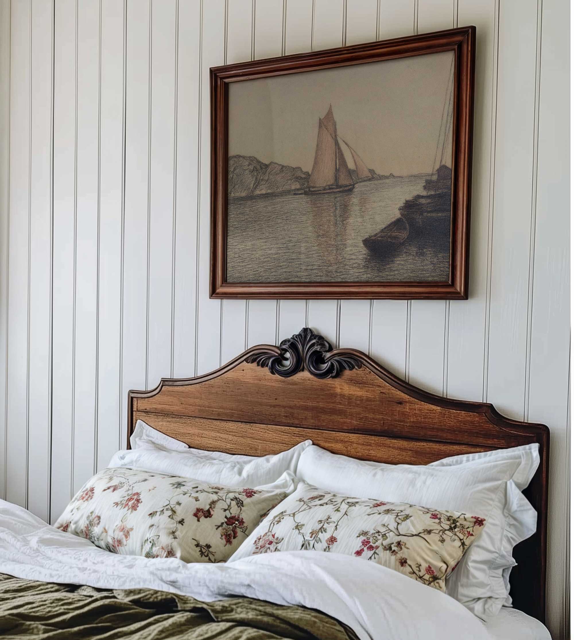 Bedroom with wooden headboard, floral pillows, and framed artwork of sailboats.