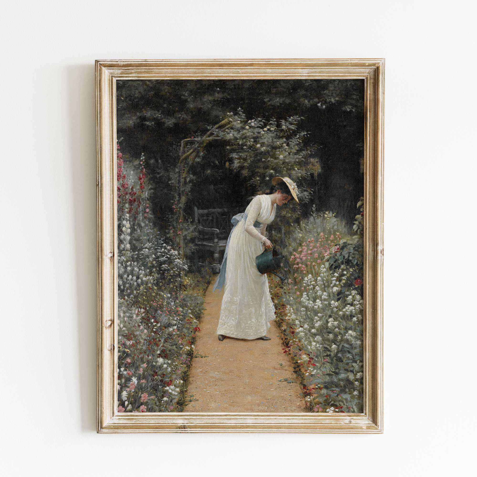 Vintage Portrait Painting, Women Watering Flowers