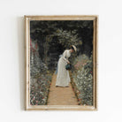 Vintage Portrait Painting, Women Watering Flowers