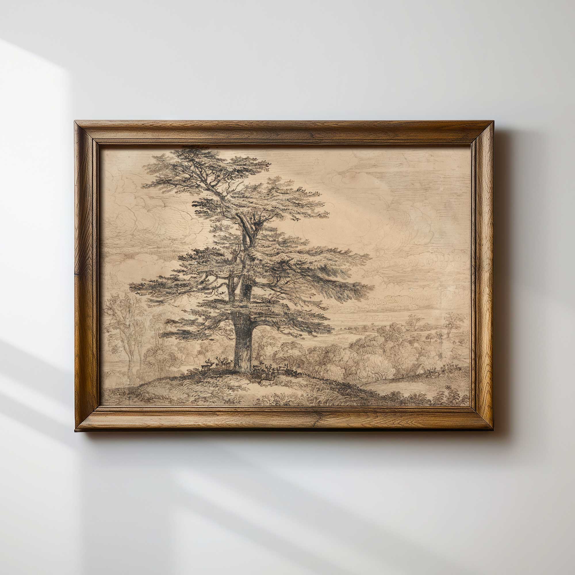 Framed artwork of a tree on a plain wall